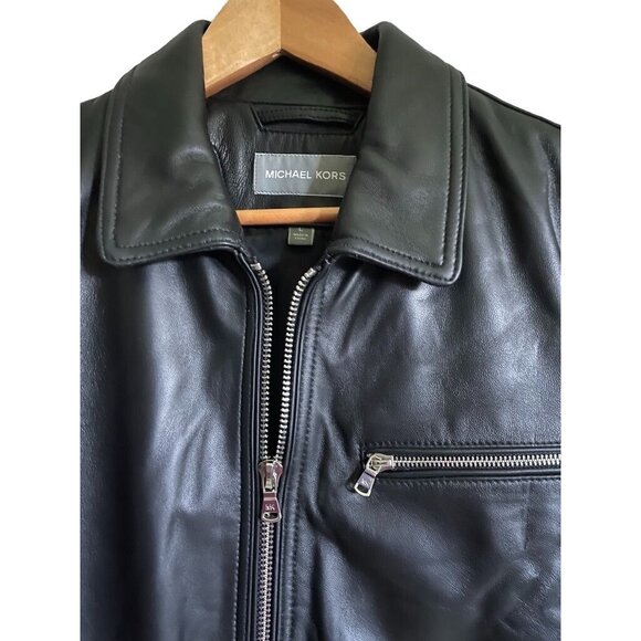 Michael Kors Mens L Black Leather Jacket Coat #121545 Zip Adjustable Cuffs & Hem - Picture 2 of 7